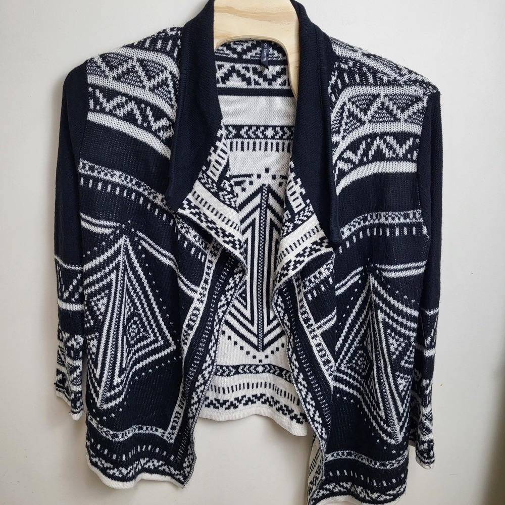 On Twelfth Womens Large Black White Geometric Open Front‎ Cardigan Sweater Aztec